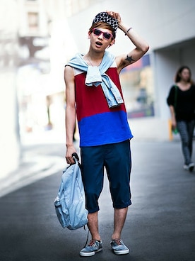 「TOPMAN（トップマン）のアイテム（スニーカー）」を使った、TOPMAN スタッフさん（メンズ・178cm）の夏コーディネート