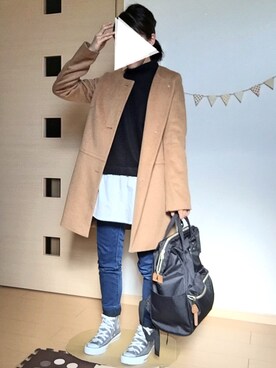 「ADAM ET ROPE'（アダムエロペ）のアイテム（ノーカラージャケット）」を使った、iccoさん（レディース・149cm）の冬コーディネート