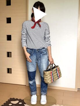 「niko and...（ニコアンド）のオリジナル ミニラインテープカゴバッグ【niko and...】（かごバッグ）」を使った、iccoさん（レディース・149cm）の春コーディネート