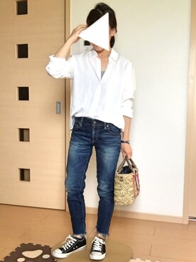 「Ungrid（アングリッド）のインディゴフレイドヘムストスリ（デニムパンツ）」を使った、iccoさん（レディース・149cm）の春コーディネート