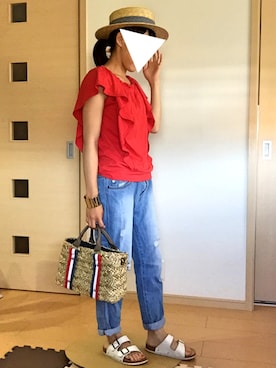 「niko and...（ニコアンド）のオリジナル ミニラインテープカゴバッグ【niko and...】（かごバッグ）」を使った、iccoさん（レディース・149cm）の夏コーディネート