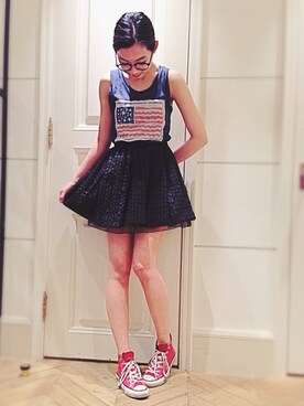 「LILY BROWN（リリーブラウン）のコードビジューストーンチョーカー（ネックレス、ピンク系）」を使った、akari suzukiさん（レディース・164cm）の春コーディネート