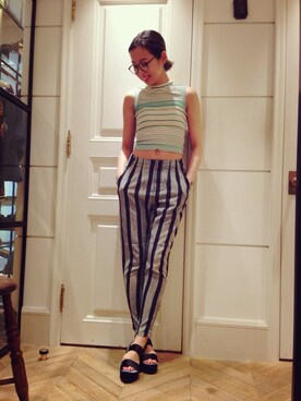 「LILY BROWN（リリーブラウン）のハイネックボーダートップス（その他トップス、ベージュ系）」を使った、akari suzukiさん（レディース・164cm）の夏コーディネート