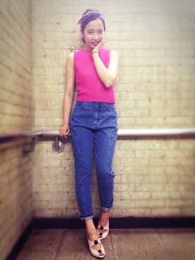 「LILY BROWN（リリーブラウン）のサイドステッチボーイズデニムパンツ（デニムパンツ、ブルー系）」を使った、akari suzukiさん（レディース・164cm）の夏コーディネート