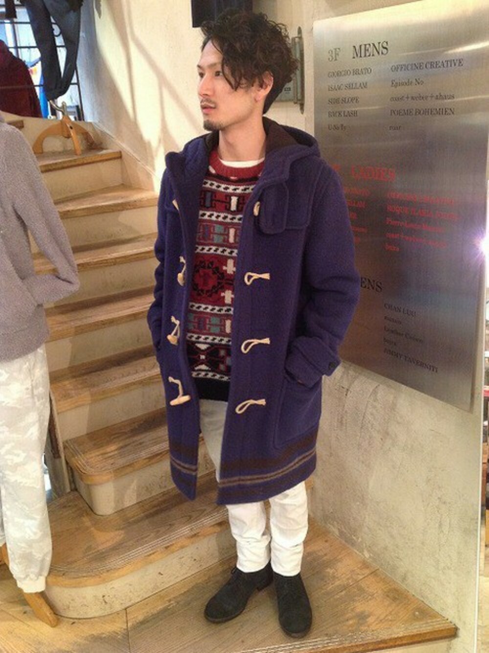 「ニット、ダッフルコート、ホワイトデニム」｜「B'2ndのREIGN (レイン)　プリンスホワイト (243)（その他パンツ、ホワイト系）」を使った、B'2ndSHINJUKUさん（メンズ・173cm）の冬コーディネートの1枚目の写真