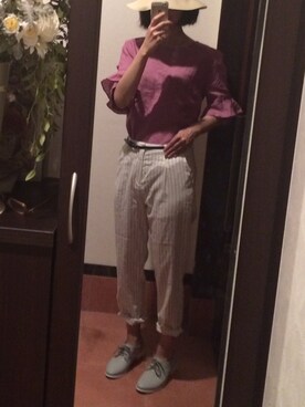 「しまむら（シマムラ）のアイテム（その他パンツ、ホワイト系）」を使った、モーシャンさん（レディース・161cm）の夏コーディネート