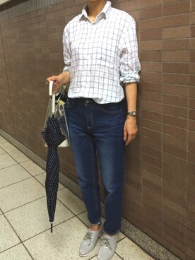 「しまむら（シマムラ）のアイテム（デニムパンツ、ブルー系）」を使った、モーシャンさん（レディース・161cm）の秋コーディネート