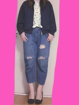 「切りっぱなしデニム」｜「アイテム（ブルゾン）」を使った、ひなたさん（レディース・157cm）の春コーディネート