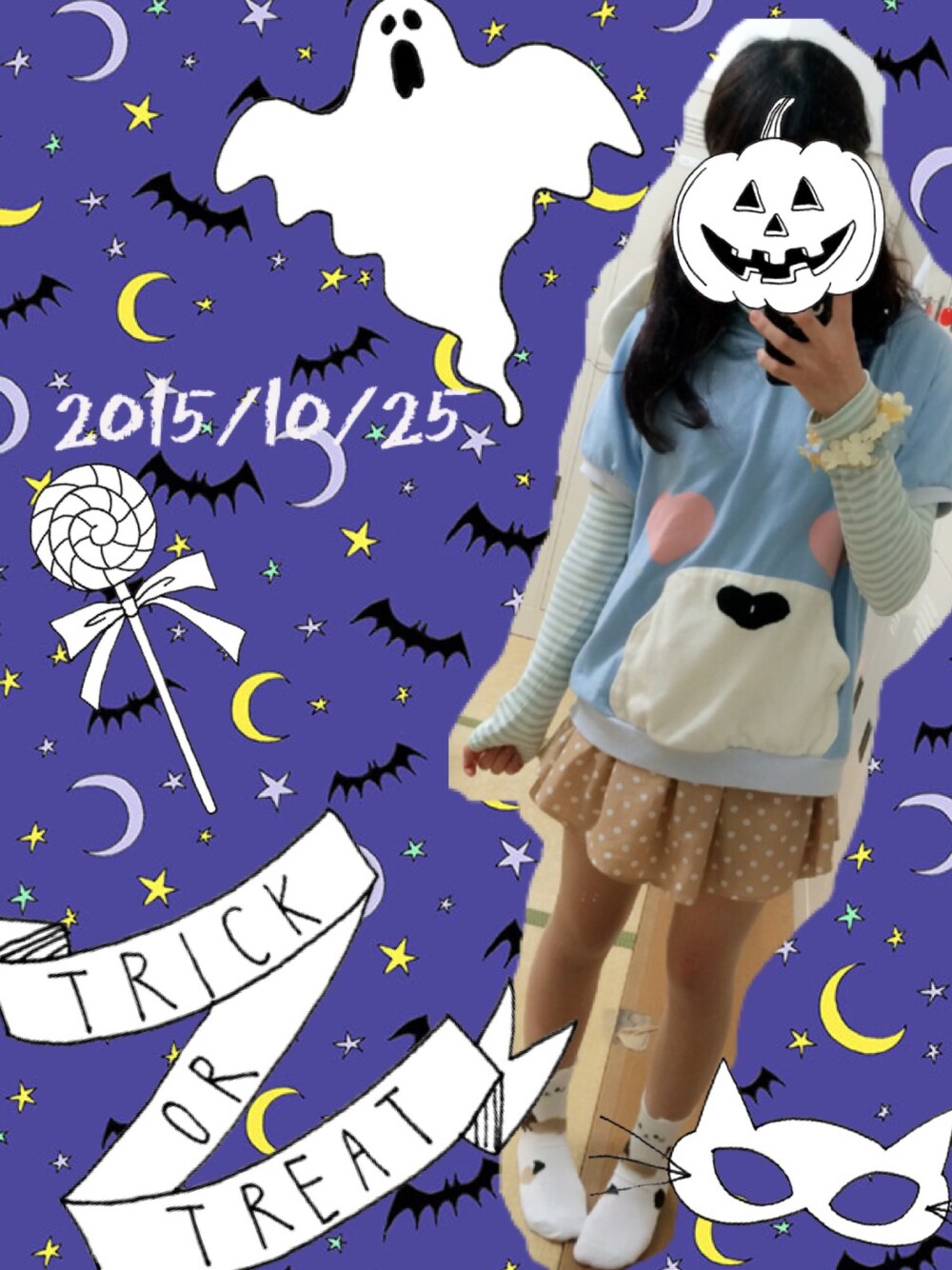 「くまさん、パーカー、重ね着、タートルネック、ボーダー、動物モチーフ」｜「Honeysのアイテム（Tシャツ/カットソー、ブルー系）」を使った、maple-chanさん（レディース・154cm）の秋コーディネートの1枚目の写真