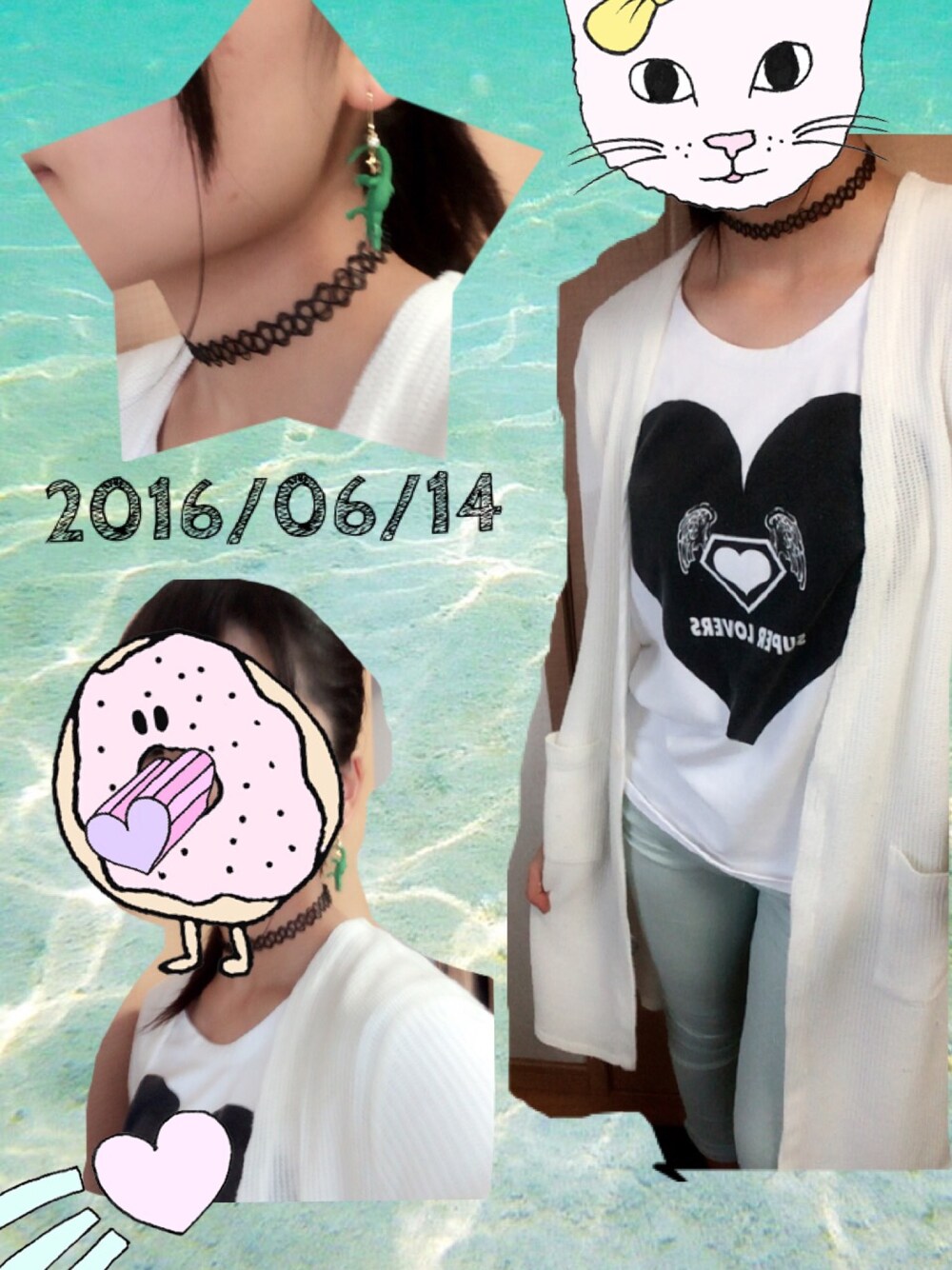 「片耳ピアス、ワニ、グリーン、ポニーテール、スキニー、チョーカー」｜「SUPER LOVERSのアイテム（Tシャツ/カットソー、ホワイト系）」を使った、maple-chanさん（レディース・154cm）の夏コーディネートの1枚目の写真