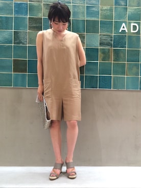 「アイテム（つなぎ/オールインワン、ベージュ系）」を使った、maeda risaさん（レディース・158cm）の夏コーディネート