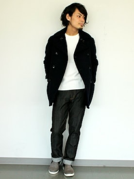 「スリッポン」｜「アイテム（ピーコート）」を使った、JOURNAL STANDARD relumeさん（メンズ・170cm）の冬コーディネート