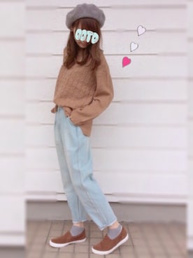 「マムジーンズ」｜「アイテム（ハンチング/ベレー帽）」を使った、桃さん（レディース・163cm）の秋コーディネート