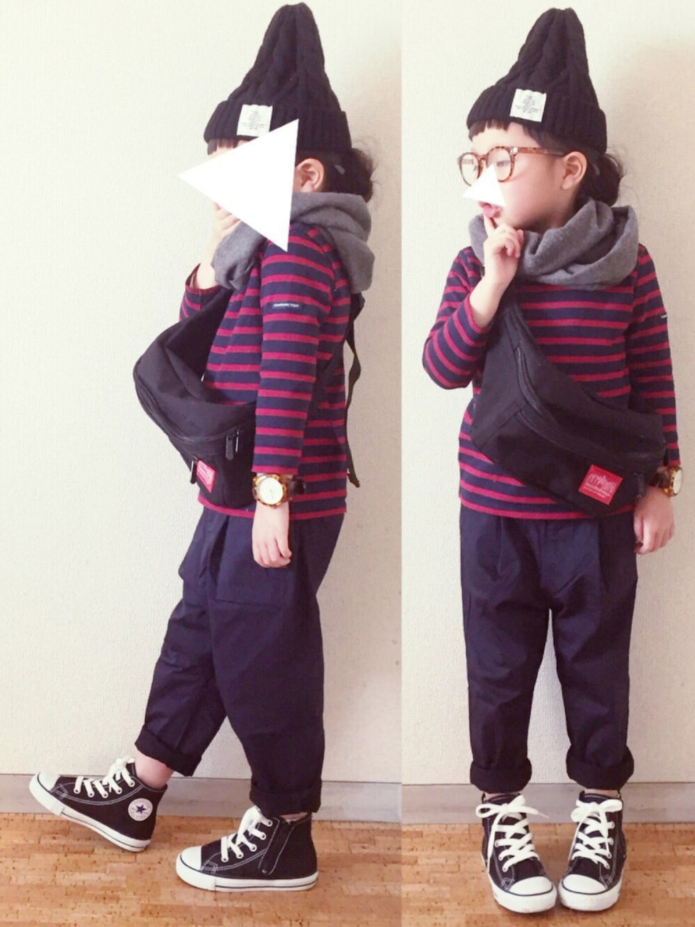 「kids、シンプル、ボーダートップス、テーパードパンツ、マフラーぐるぐる、春、ニット帽」｜「THE EMPORIUMのベッコウ柄ウォッチ（アナログ腕時計、ブラック系）」を使った、 cyamu∗︎*ﾟさん（キッズ・100cm）の春コーディネートの1枚目の写真