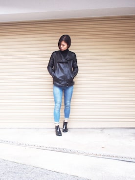 「HELMUT LANG（ヘルムートラング）のアイテム（ライダースジャケット）」を使った、Yukiさん（レディース・158cm）の冬コーディネート