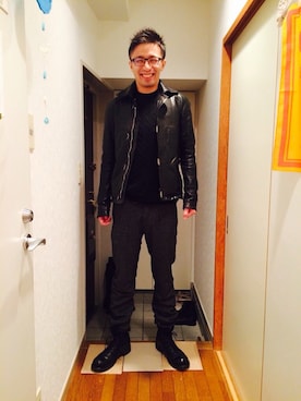 「CAROL CHRISTIAN POELL（キャロルクリスチャンポエル）のアイテム（ライダースジャケット）」を使った、23.98Psfさん（メンズ・177cm）の冬コーディネート