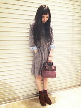 「アイテム（ボストンバッグ、レッド系）」を使った、Maryさん（レディース・158cm）の冬コーディネート