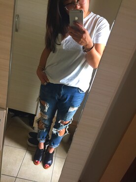 「ZARA（ザラ）のアイテム（Tシャツ/カットソー、ホワイト系）」を使った、taccoさん（レディース・155cm）の夏コーディネート