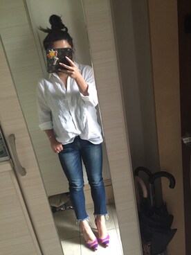 「UNIQLO（ユニクロ）のMEN プレミアムリネンシャツ（長袖）（シャツ/ブラウス、ホワイト系）」を使った、taccoさん（レディース・155cm）の夏コーディネート