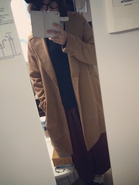 「w closet（ダブルクローゼット）のアイテム（チェスターコート、ブラウン系）」を使った、中野綾香さん（レディース・150cm）の冬コーディネート