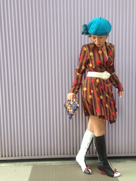 「レトロワンピース」｜「アイテム（ハンチング/ベレー帽）」を使った、James Yumi Esakiさん（レディース・157cm）の秋コーディネート