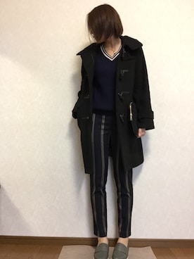「ストライプパンツ」｜「アイテム（ダッフルコート）」を使った、kaorinnさん（レディース・158cm）の冬コーディネート