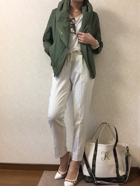 「カーキアウター」｜「アイテム（ライダースジャケット）」を使った、kaorinnさん（レディース・158cm）の春コーディネート
