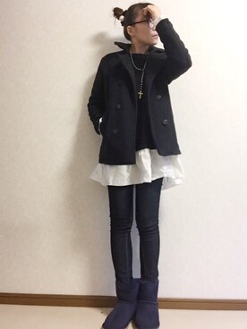 「ネイビーコーデ」｜「アイテム（ピーコート）」を使った、kaorinnさん（レディース・158cm）の秋コーディネート