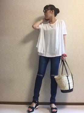 「coca（ANDEX shoes product）（コカ）のアイテム（Tシャツ/カットソー）」を使った、kaorinnさん（レディース・158cm）の夏コーディネート