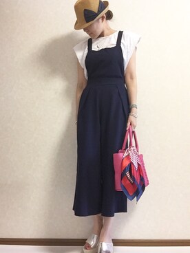 「ウェッジソール」｜「アイテム（オールインワン・サロペット）」を使った、kaorinnさん（レディース・158cm）の夏コーディネート