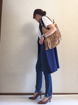 「白Tシャツ×デニム」｜「アイテム（その他アウター）」を使った、kaorinnさん（レディース・158cm）の秋コーディネート