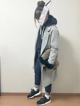 「PUMA」｜「アイテム（チェスターコート）」を使った、ちーゆーさん（レディース・165cm）の冬コーディネート