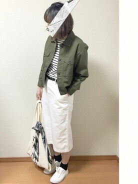 「エコバッグ」｜「アイテム（ミリタリージャケット）」を使った、ちーゆーさん（レディース・165cm）の春コーディネート