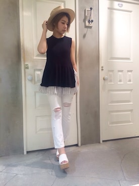 「SNIDEL（スナイデル）のアイテム（帽子）」を使った、reia uchiyamaさん（レディース・161cm）の夏コーディネート