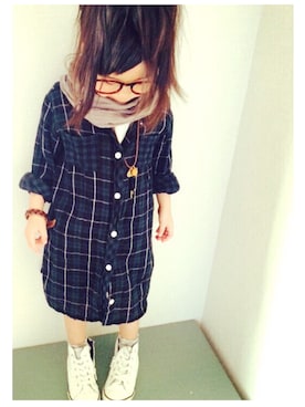 「アイテム（シャツワンピース）」を使った、miyuuu.さん（キッズ・100cm）の春コーディネート
