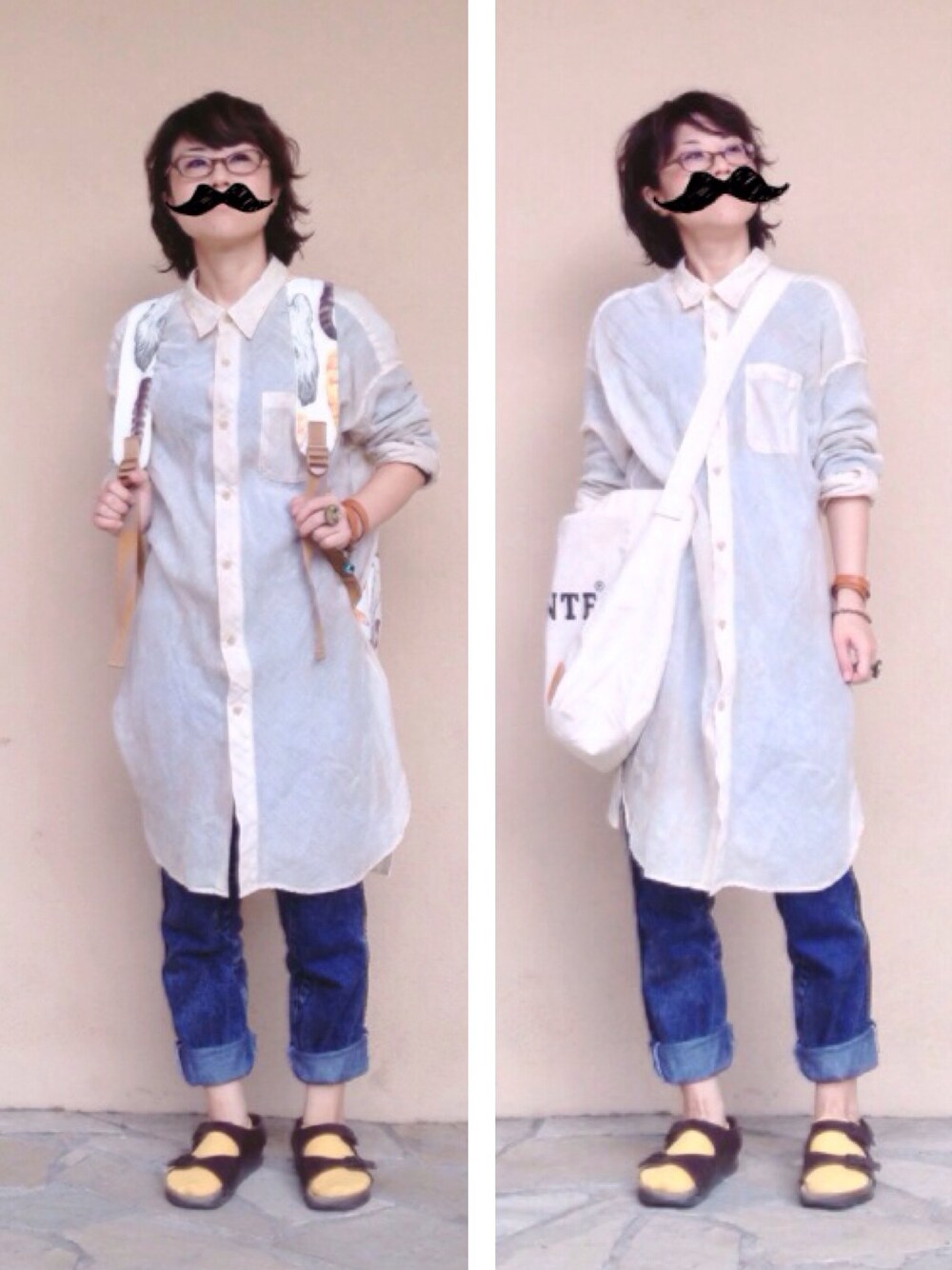 ベージュ系のワンピース、ブルー系のデニムパンツ、その他のバックパック/リュックを着用したレディースの秋コーディネートの1枚目の写真