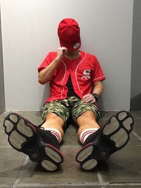 「アイテム（ジャージ、レッド系）」を使った、6RINGSさん（メンズ・174cm）の夏コーディネート