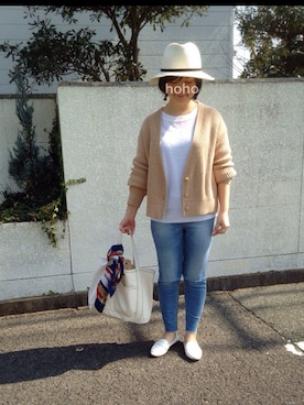 「ぽっちゃり、スキニーデニム」｜「アイテム（帽子）」を使った、hoho𓆸さん（レディース・155cm）の春コーディネート