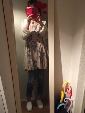 「Auntie Rosa（アンティローザ）のアイテム（ワンピース、ピンク系）」を使った、ゴーヤーんさん（レディース）の春コーディネート