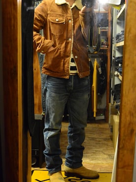 「The Flat Head（ザ・フラットヘッド）のアイテム（ブーツ）」を使った、JinyaUeharaさん（メンズ・163cm）の冬コーディネート