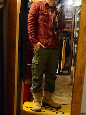 「The Flat Head（ザ・フラットヘッド）のアイテム（ブーツ）」を使った、JinyaUeharaさん（メンズ・163cm）の冬コーディネート