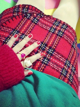 「お母さんのお古の巻きスカート（スカート、レッド系）」を使った、わっかさん（レディース・154cm）の秋コーディネート