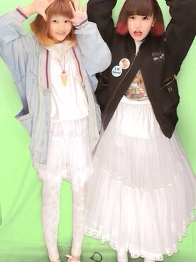 「チュールスカート
（スカート、ホワイト系）」を使った、わっかさん（レディース・154cm）の春コーディネート