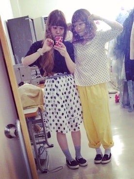 「ドット丸襟さん（シャツ/ブラウス、ホワイト系）」を使った、わっかさん（レディース・154cm）の夏コーディネート