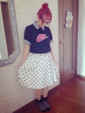 「古着のNIKETシャツ（Tシャツ/カットソー、ブラック系）」を使った、わっかさん（レディース・154cm）の夏コーディネート