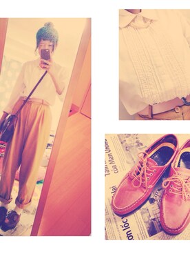 「古着の白ブラウス（シャツ/ブラウス、ベージュ系）」を使った、わっかさん（レディース・154cm）の夏コーディネート