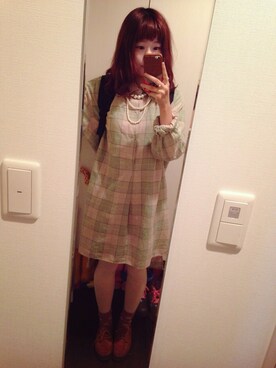 「usedのチェックワンピース（ワンピース、ベージュ系）」を使った、わっかさん（レディース・154cm）の秋コーディネート