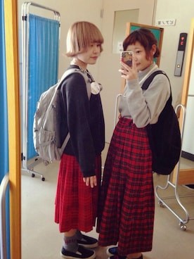 「お母さんのお古の赤チェックスカート(ロング)（スカート、レッド系）」を使った、わっかさん（レディース・154cm）の秋コーディネート