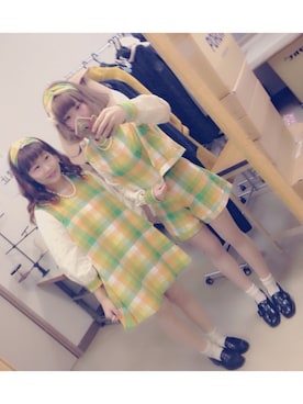 「Handmade（ハンドメイド）のアイテム（ワンピース、イエロー系）」を使った、わっかさん（レディース・154cm）の春コーディネート