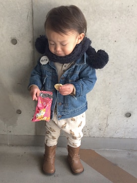 「息子」｜「アイテム（デニムジャケット）」を使った、eitaさん（キッズ・70cm）の冬コーディネート